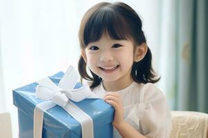 AI generated cute asian little girl holding  gift box in living room photo