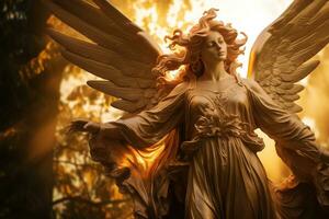 AI generated Golden angel statue in a cemetery in a sunny day photo