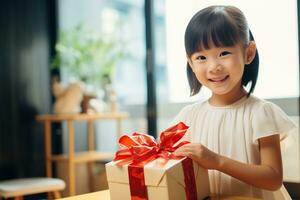 ai generado linda asiático pequeño niña participación regalo caja en vivo habitación foto