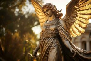 AI generated Golden angel statue in a cemetery in a sunny day photo