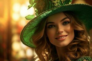 AI generated St. Patrick's Day. Portrait of a beautiful young woman wearing a leprechaun hat. photo