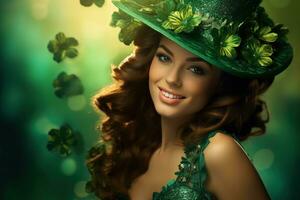 AI generated St. Patrick's Day. Portrait of a beautiful young woman wearing a leprechaun hat. photo