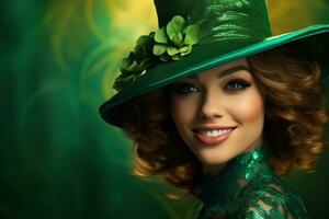 AI generated St. Patrick's Day. Portrait of a beautiful young woman wearing a leprechaun hat. photo