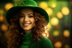 AI generated St. Patrick's Day. Portrait of a beautiful young woman wearing a leprechaun hat. photo