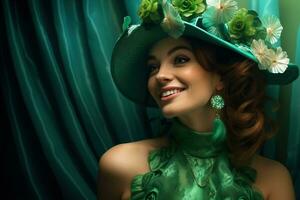 AI generated St. Patrick's Day. Portrait of a beautiful young woman wearing a leprechaun hat. photo