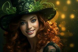 AI generated St. Patrick's Day. Portrait of a beautiful young woman wearing a leprechaun hat. photo