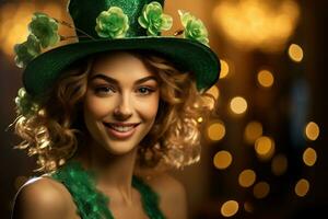 AI generated St. Patrick's Day. Portrait of a beautiful young woman wearing a leprechaun hat. photo