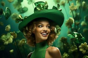 AI generated St. Patrick's Day. Portrait of a beautiful young woman wearing a leprechaun hat. photo