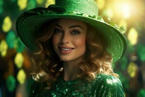 AI generated St. Patrick's Day. Portrait of a beautiful young woman wearing a leprechaun hat. photo