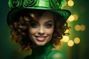 AI generated St. Patrick's Day. Portrait of a beautiful young woman wearing a leprechaun hat. photo