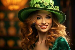AI generated St. Patrick's Day. Portrait of a beautiful young woman wearing a leprechaun hat. photo