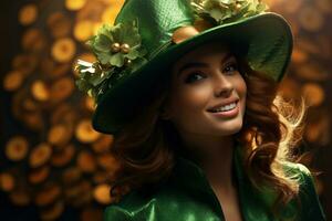 AI generated St. Patrick's Day. Portrait of a beautiful young woman wearing a leprechaun hat. photo