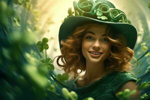 AI generated St. Patrick's Day. Portrait of a beautiful young woman wearing a leprechaun hat. photo