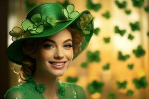 AI generated St. Patrick's Day. Portrait of a beautiful young woman wearing a leprechaun hat. photo