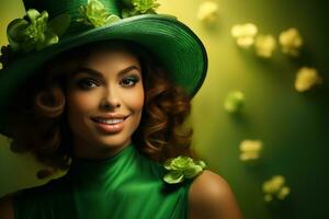 AI generated St. Patrick's Day. Portrait of a beautiful young woman wearing a leprechaun hat. photo