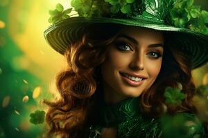 AI generated St. Patrick's Day. Portrait of a beautiful young woman wearing a leprechaun hat. photo