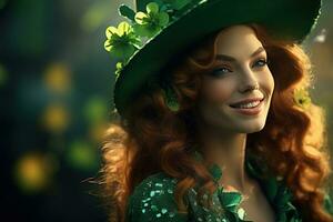 AI generated St. Patrick's Day. Portrait of a beautiful young woman wearing a leprechaun hat. photo