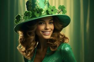 AI generated St. Patrick's Day. Portrait of a beautiful young woman wearing a leprechaun hat. photo