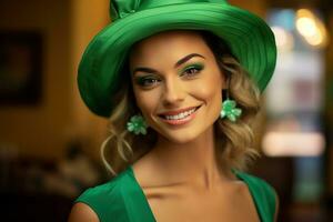 ai generado S t. patrick's día. retrato de un hermosa joven mujer vistiendo un duende sombrero. foto