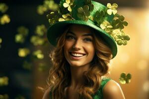 AI generated St. Patrick's Day. Portrait of a beautiful young woman wearing a leprechaun hat. photo