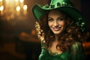 AI generated St. Patrick's Day. Portrait of a beautiful young woman wearing a leprechaun hat. photo