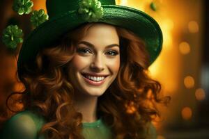 AI generated St. Patrick's Day. Portrait of a beautiful young woman wearing a leprechaun hat. photo