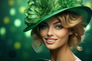 AI generated St. Patrick's Day. Portrait of a beautiful young woman wearing a leprechaun hat. photo