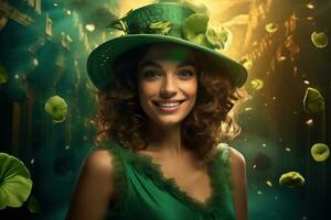 AI generated St. Patrick's Day. Portrait of a beautiful young woman wearing a leprechaun hat. photo