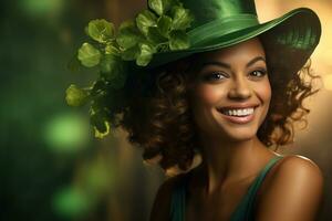 AI generated St. Patrick's Day. Portrait of a beautiful young woman wearing a leprechaun hat. photo