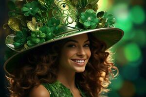 AI generated St. Patrick's Day. Portrait of a beautiful young woman wearing a leprechaun hat. photo