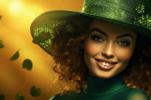 AI generated St. Patrick's Day. Portrait of a beautiful young woman wearing a leprechaun hat. photo