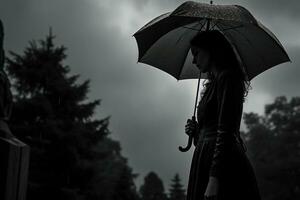 ai generado hermosa joven mujer con paraguas en el cementerio foto