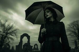 AI generated Beautiful young woman with umbrella in the cemetery photo