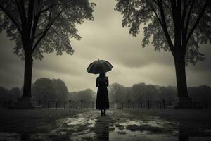 ai generado hermosa joven mujer con paraguas en el cementerio foto