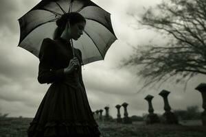 AI generated Beautiful young woman with umbrella in the cemetery photo