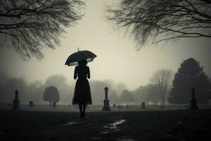 AI generated Beautiful young woman with umbrella in the cemetery photo