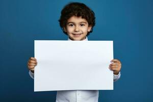 AI generated Little boy holding a blank white sheet of paper photo