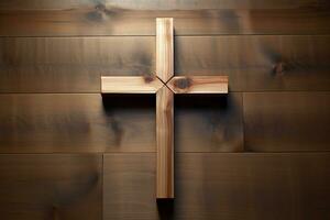 AI generated Wooden christian cross on a wooden background.Christian religion concept. photo