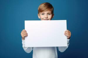 AI generated Little boy holding a blank white sheet of paper photo