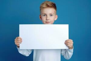 ai generado pequeño chico participación un blanco blanco sábana de papel foto