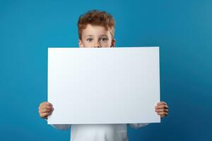 AI generated Little boy holding a blank white sheet of paper photo