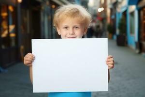 AI generated Little boy holding a blank white sheet of paper photo