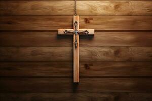 AI generated Wooden christian cross on a wooden background.Christian religion concept. photo