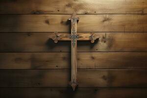 AI generated Wooden christian cross on a wooden background.Christian religion concept. photo