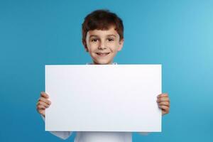 AI generated Little boy holding a blank white sheet of paper photo