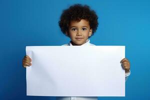 AI generated Little boy holding a blank white sheet of paper photo