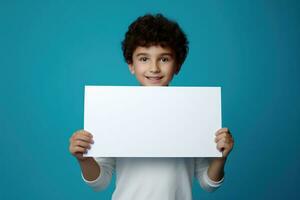 ai generado pequeño chico participación un blanco blanco sábana de papel foto