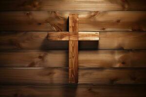 AI generated Wooden christian cross on a wooden background.Christian religion concept. photo