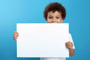 AI generated Little boy holding a blank white sheet of paper photo