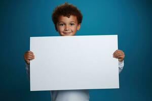 AI generated Little boy holding a blank white sheet of paper photo